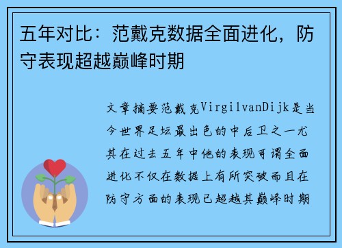 五年对比：范戴克数据全面进化，防守表现超越巅峰时期