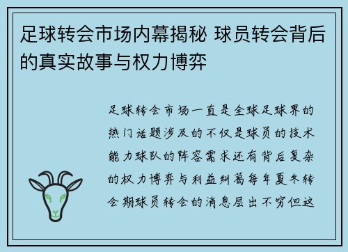 足球转会市场内幕揭秘 球员转会背后的真实故事与权力博弈