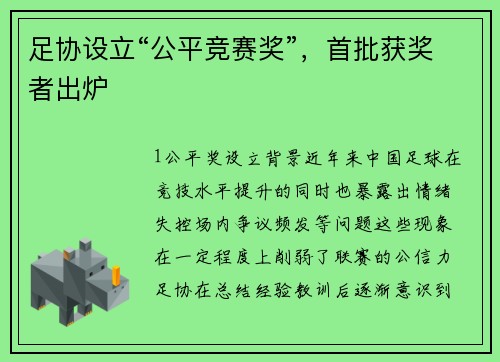 足协设立“公平竞赛奖”，首批获奖者出炉