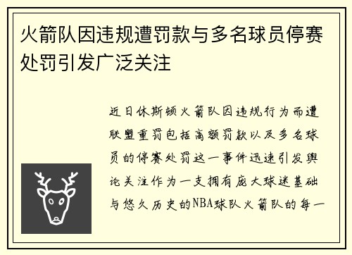 火箭队因违规遭罚款与多名球员停赛处罚引发广泛关注